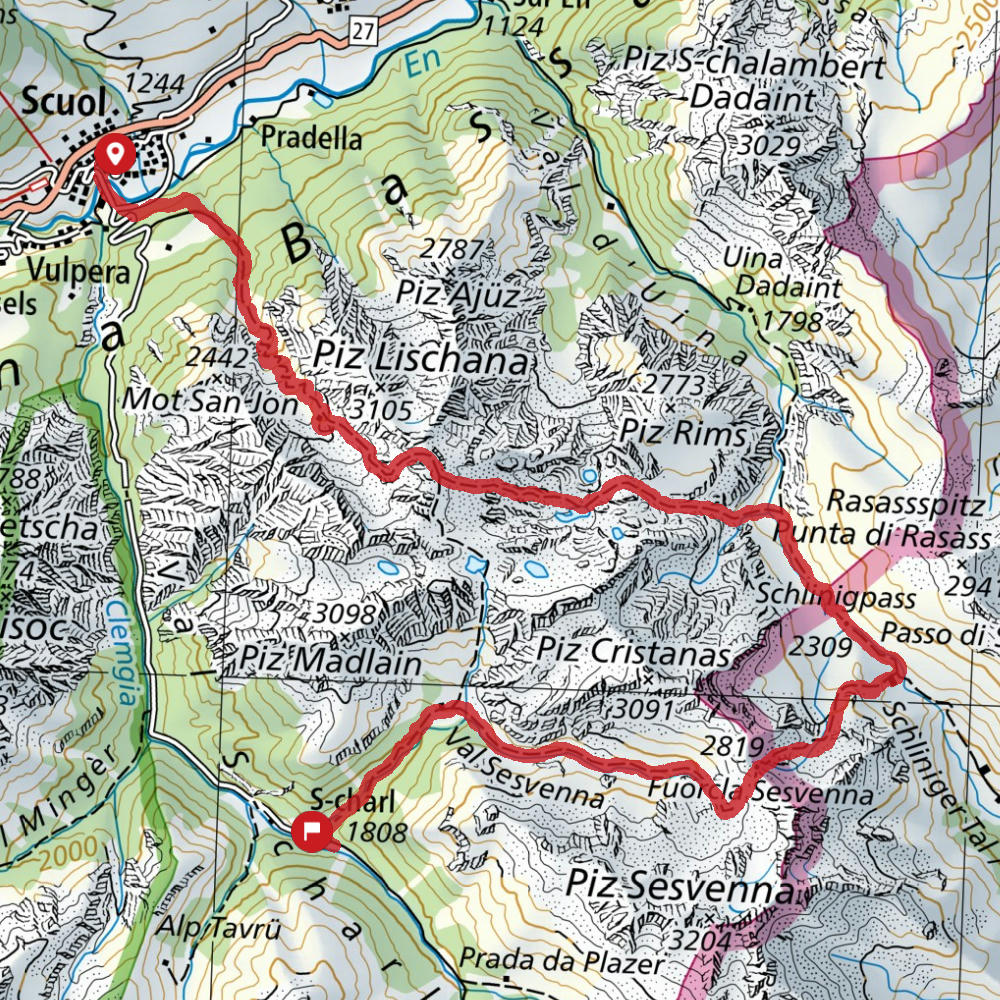 Bild zeigt die Route von swisstopo von der Lischana Hütte über die Sesvenna Hütte bis zu S-Charl